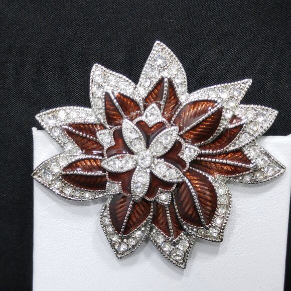 Vintage Monet Bronze Enamel Flower Brooch, Clear Pave Rhinestones - Picture 4 of 10